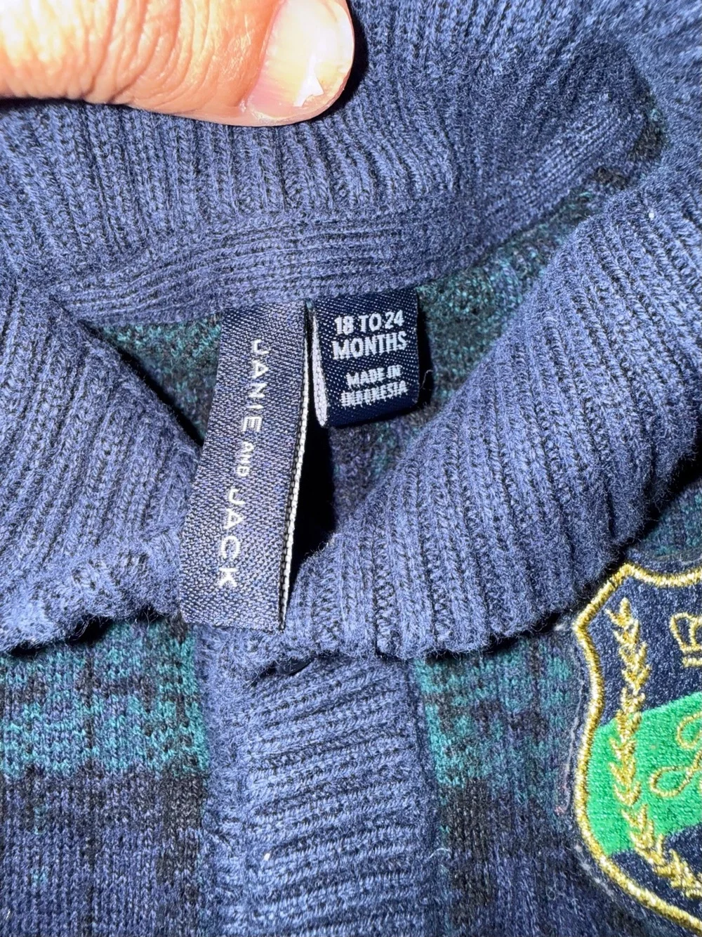 Janie And Jack Plaid Crest Patch Sweater 18-24 Months Cotton Navy Blue & Green